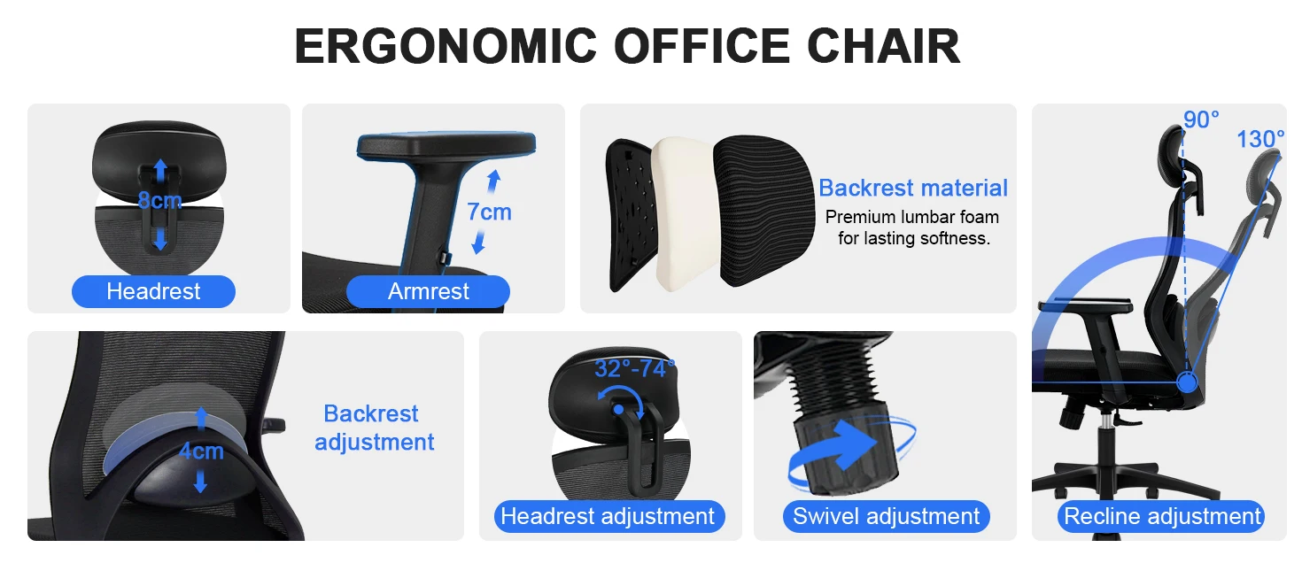 Milacyee Ergonomischer Computer-Schreibtischstuhl, Hochlehner-Bürostuhl für Zuhause mit verstellbarer Kopfstütze und Lendenwirbelstütze hat 90 ° -130 ° Reklamierung – Detail 3