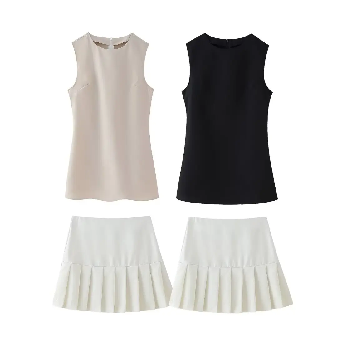 

Short Skirt Sets for Women 2 Pieces Sleeveless Solid Color Two Options New in Matching Sets Sexy Short Dress Pleated Skirt