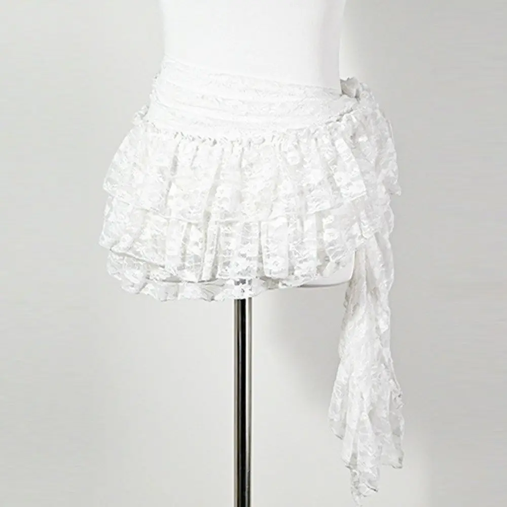 

Embroidered Flower Lace Mini Skirt Irregular Y2K Streetwear Lace Up Ruffles Skirt High Waist See Through Pleated Skirts