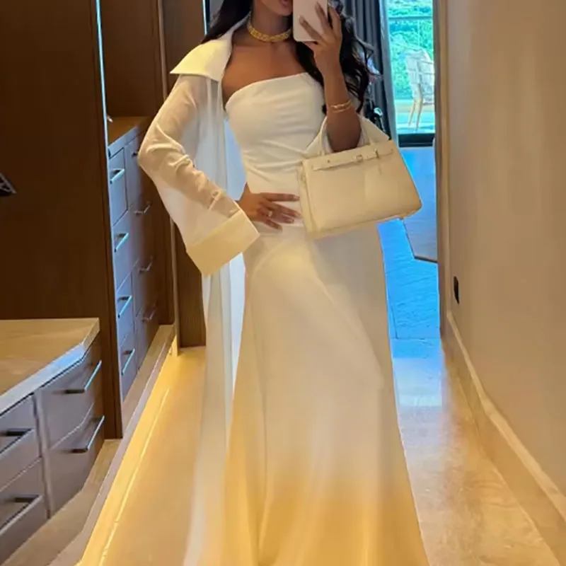 

Lapel Collar Shawl Top and Dress Party Outfit Temperament Solid Color Slim Fit Women Two Piece Sets Sexy See Through Robe Suits