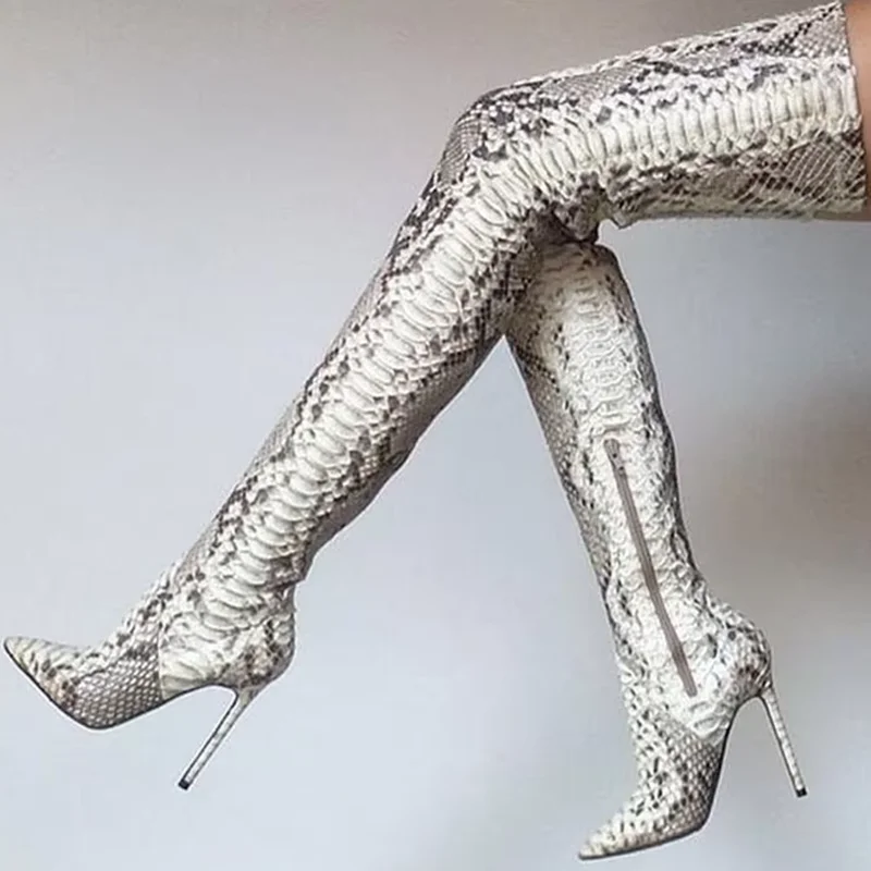 

Python Printed Leather Thigh High Boot Side Zipper Winter Tall Boots White Snakeskin Boots Stiletto Heel Pointy Toe Footwears