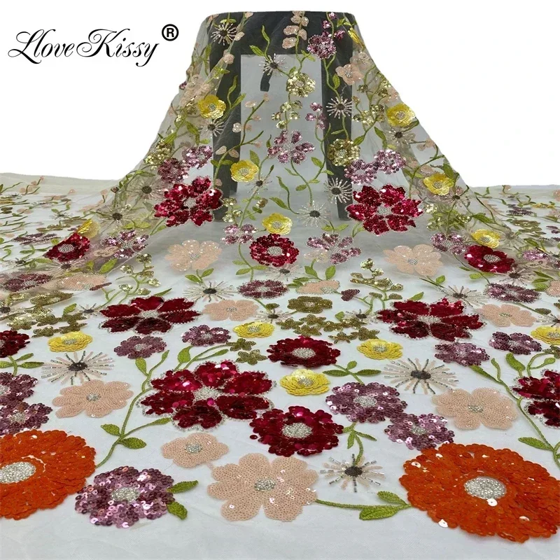 Hot Selling Plant Embroidered Lace Multi-color Sequin Fabric Wedding Dress Skirt High Quality Beads Lace Fabric Width 125CM