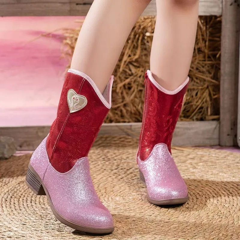 Girls Boots Toddler Fashion Gear Mid Calf Glitter Western Cowboy Boot Autumn Kid Riding Girls Boots Size 26-36 Kids Shoes