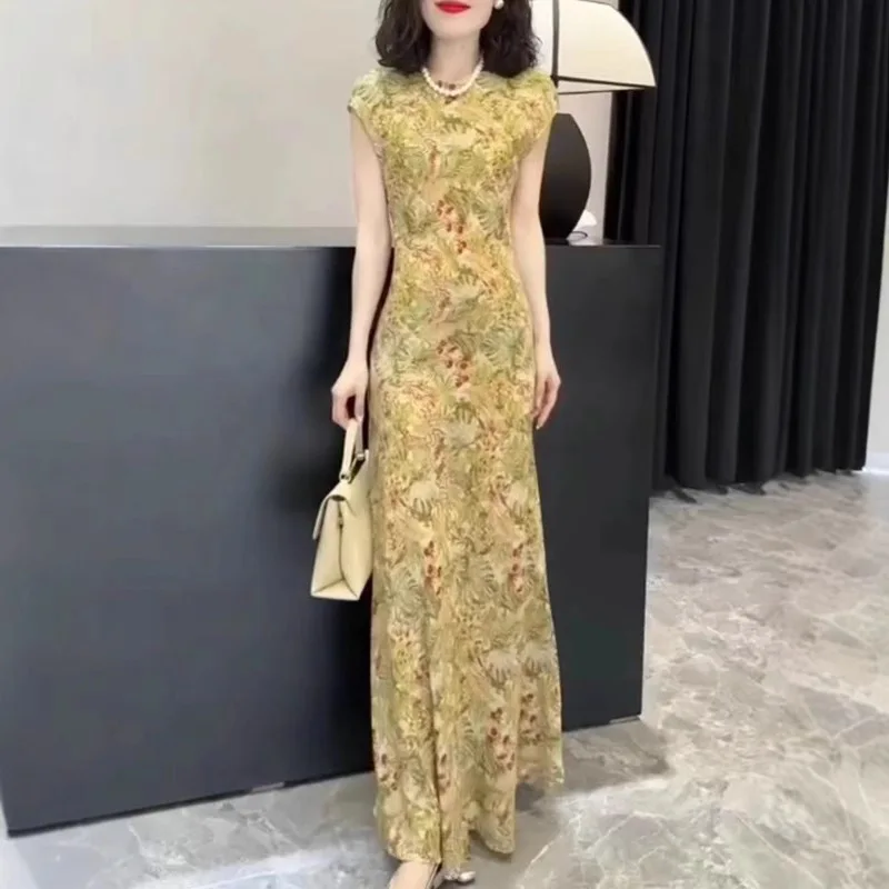Summer New Retro Print Dr Women's Slim Fit Svel Long Dr Beautiful And Sli Polyester Knitted Thiened Basic S...