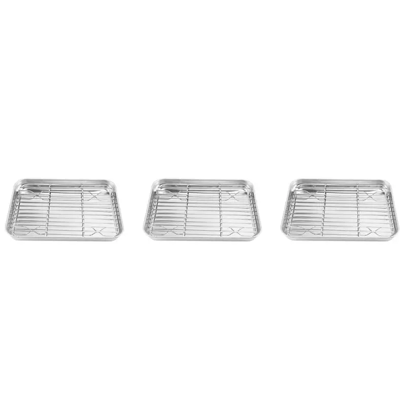A04G-3Pcs 9 Inch Toaster Oven Tray And Rack Set, Small Stainless Steel Baking Pan With Cooling Rack