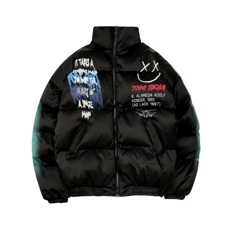 Winter Hip Hop Warm Parkas Men High Street Vintage Happy Graffiti Thick Padded Jacket Unisex Harajuku Puffer Outwear Coats 2023