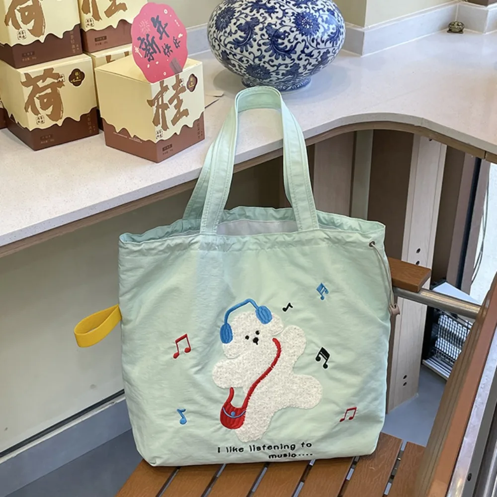 

Simple Kawaii Drawstring Tote Bag Casual Leisure Embroidery Shoulder Bag Animal Pattern All-match Cartoon Canvas Bag Travel
