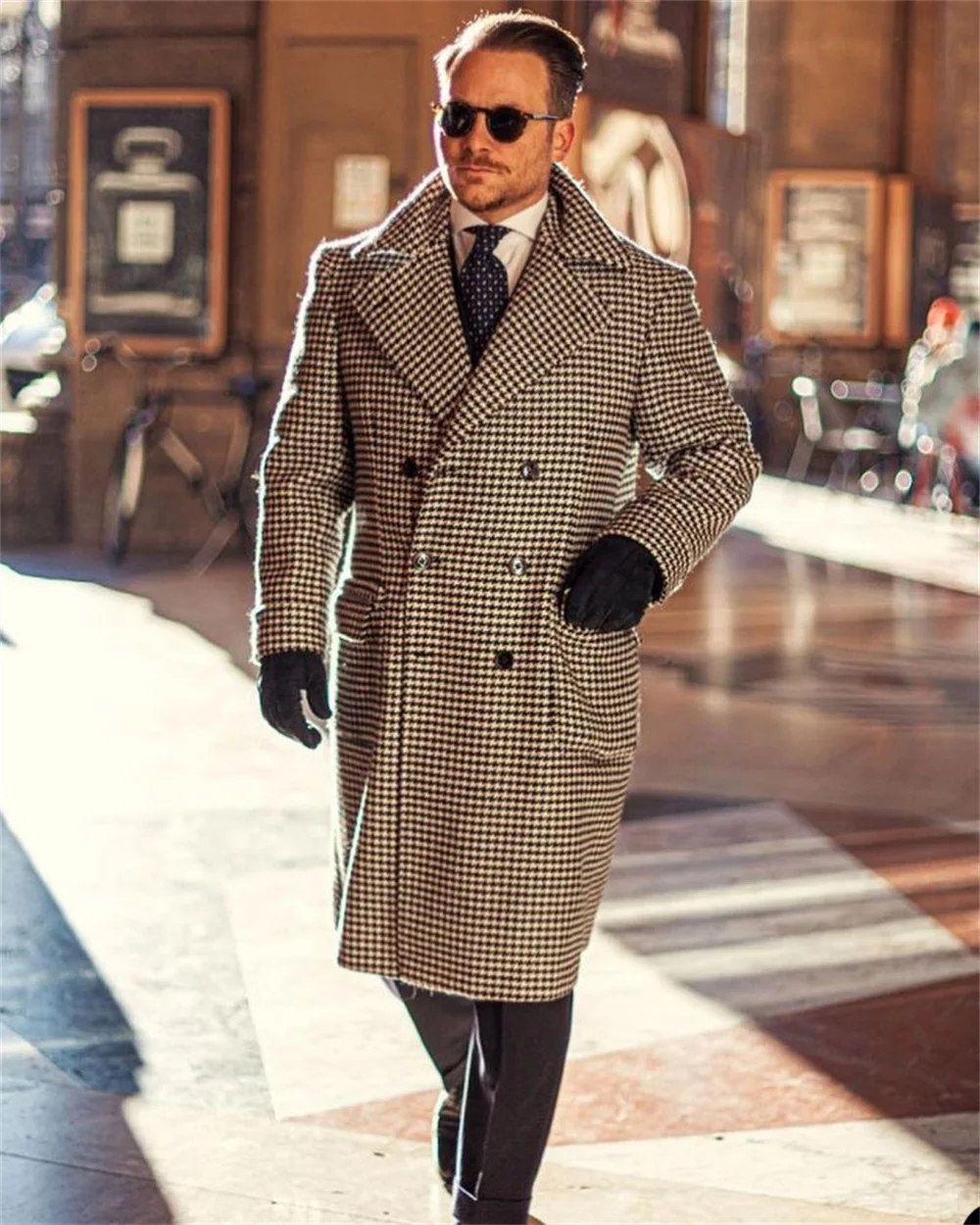 Houndstooth Thick Wool Men Suits Office Sets Long Coat Double Breasted Formal Male Outfit Business Tuxedo Overcoat Custom Made