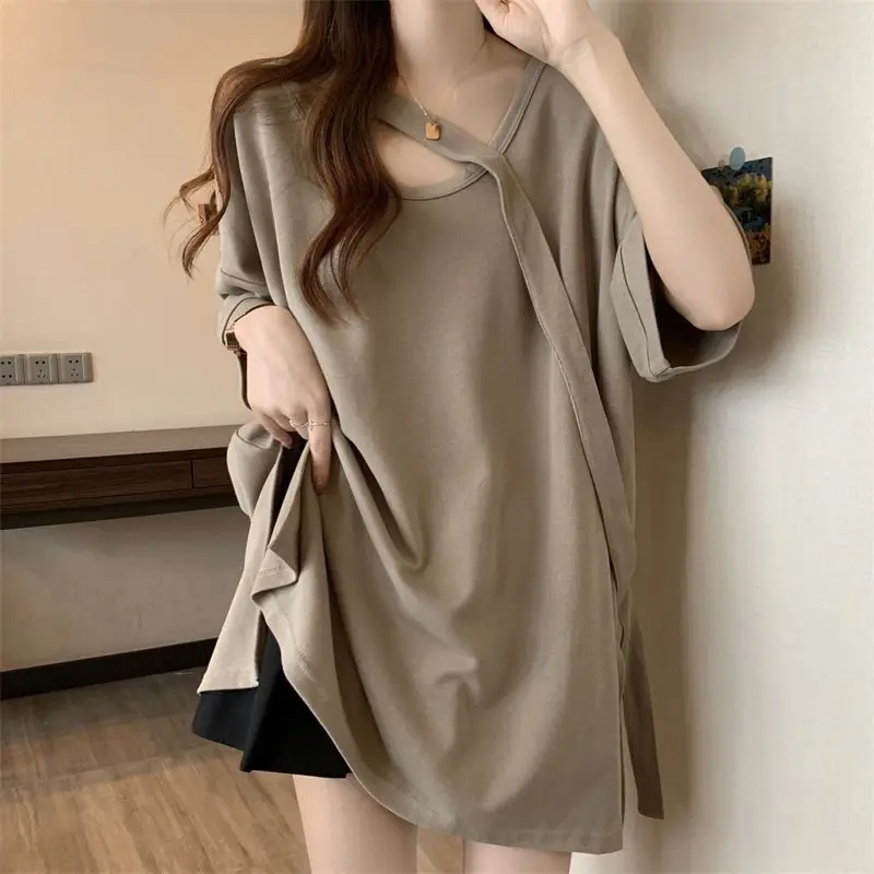 Women Summer Korean Simplicity Loose Patchwork Solid Color O-neck Short Sleeve T-Shirt Women Clothes Casual All-match Top Tee