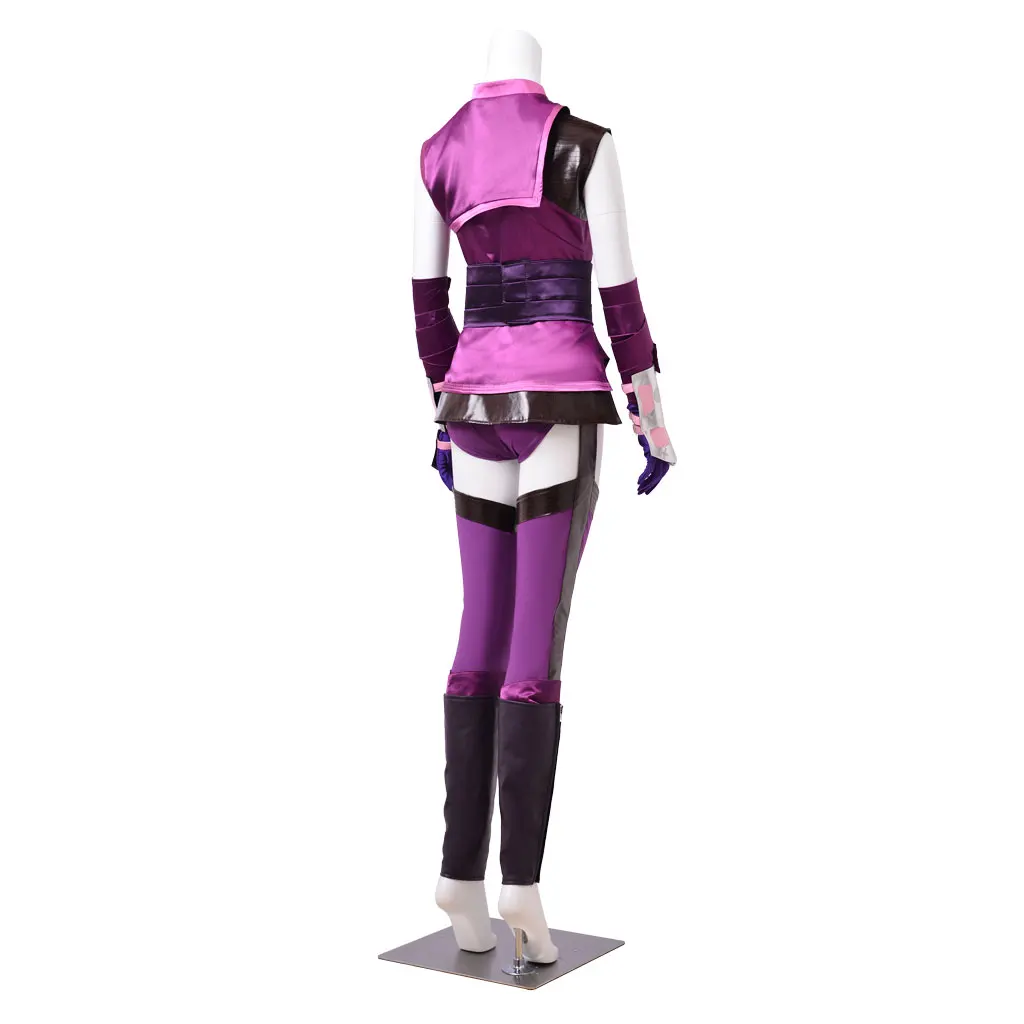 متوفر في المخزون أزياء مورتال ميلينا كومبات التأثيرية للنساء ملابس أرجوانية وسراويل علوية زي حفلات الهالوين كرنفال