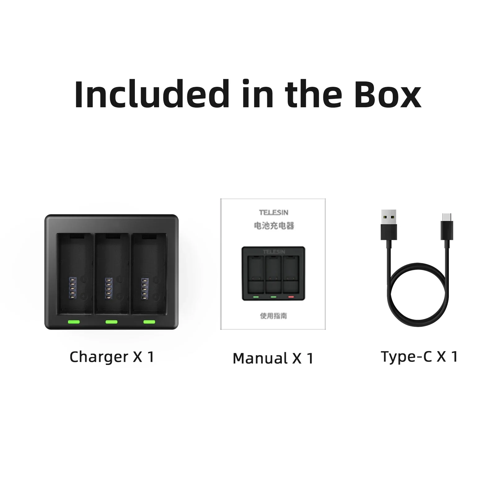 TELESIN Quick Battery Charger for Gopro Hero 13 Black Lightweight Safety Three Slot Battery Charger Action Camera Accessories