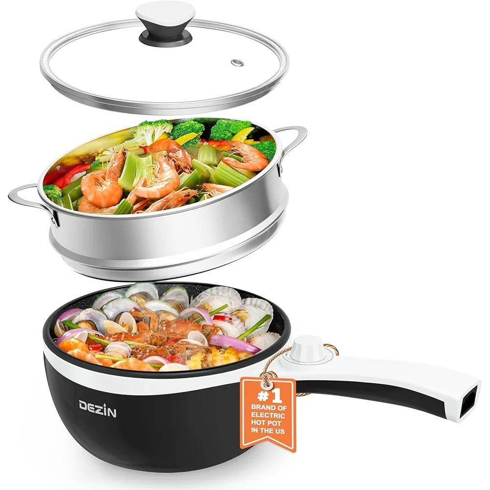 Electric Hot Pot with Steamer Non-Stick Sauté Pan 1.5L Travel Cooker Rapid Noodles Eggs Steak Rice Spatula Included