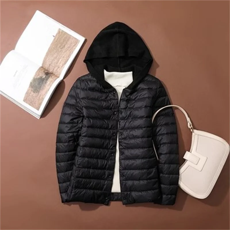 Вязаное лоскутное пуховое пальто с капюшоном, осень-зима, женская легкая тонкая белая куртка на утином пуху, женские короткие теплые парки, пуховая верхняя одежда