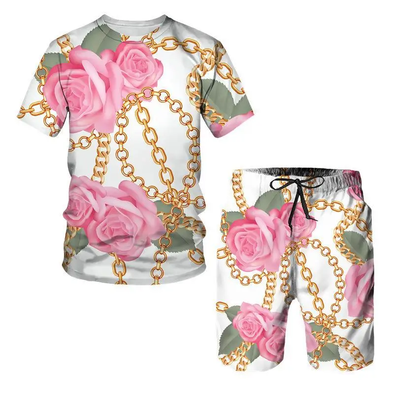 3D Luxury Baroque Style Gold Chain Flower Printed T-shirts Shorts 2Pcs Sets Fashion Men Tee Suit Summer Casual Tracksuit Outfits