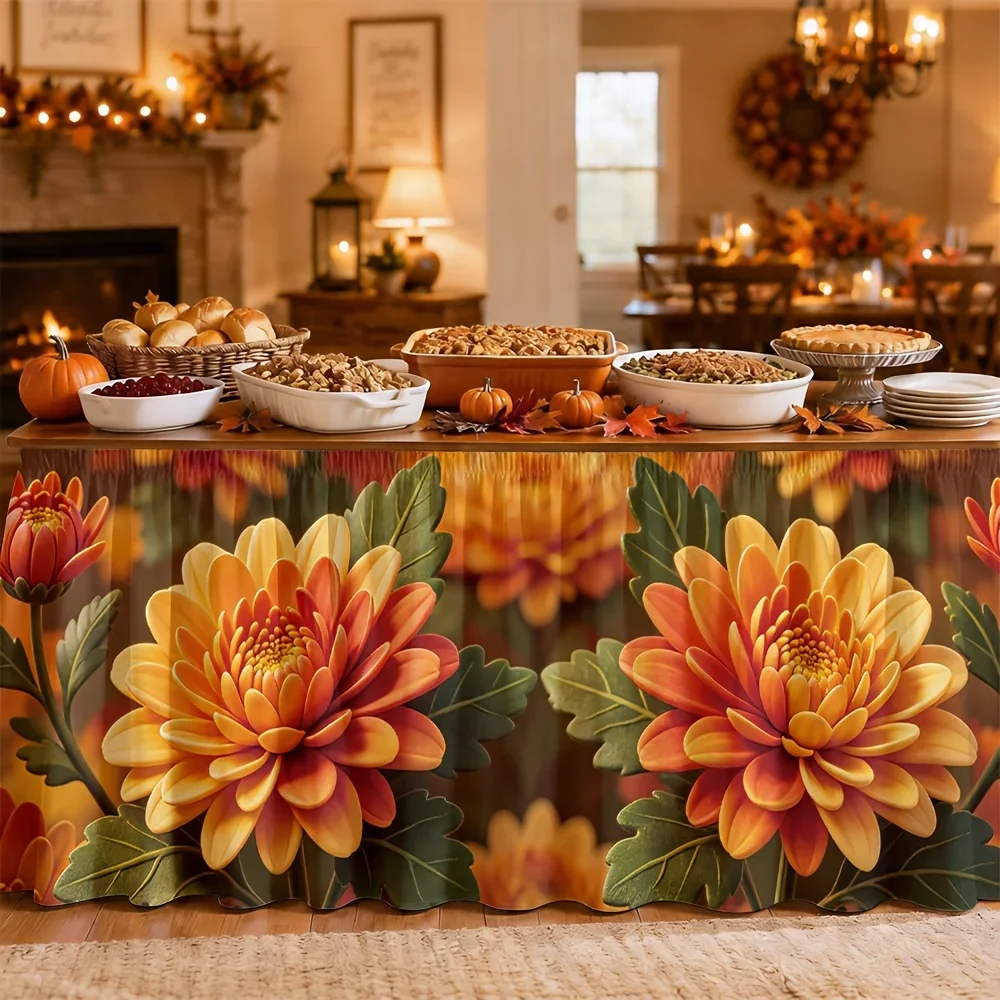 Table skirt / tableskirt, warm orange in autumn, blooming chrysanthemums, harvest season, Thanksgiving party