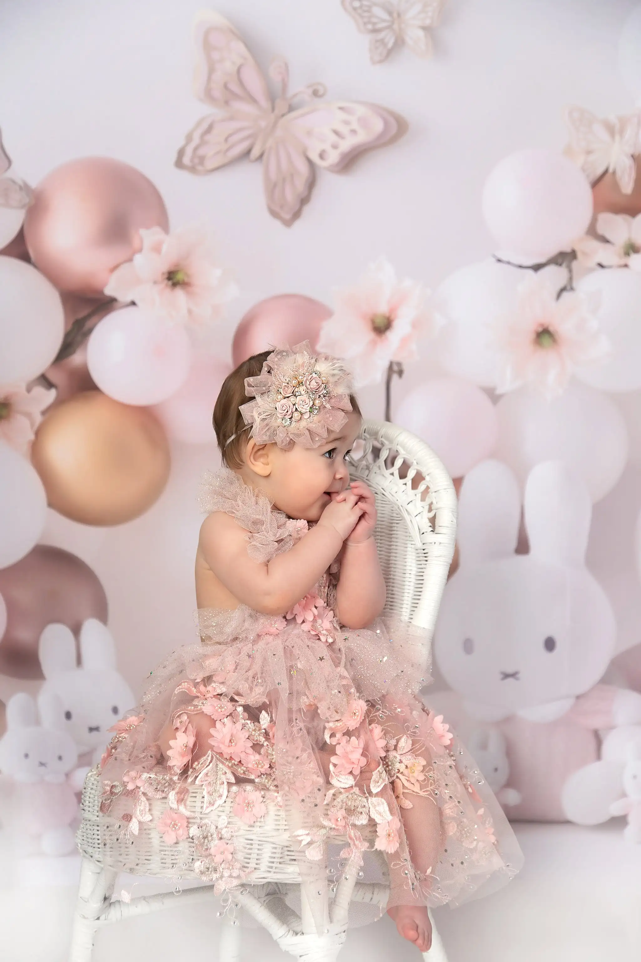 Telón de fondo de mariposas y conejos rosas, globos para niños, accesorios de fotografía para bebés, niñas y adultos