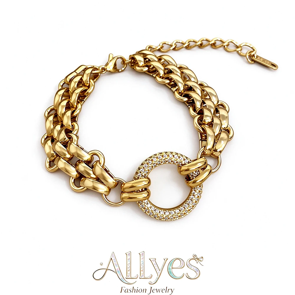 Glossy Multilayer Stainless Steel Thick Chain Bracelet for Women Classic Zircon Circle Patchwork Bracelets Waterproof Jewelry