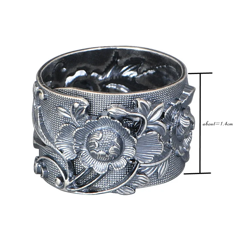 S925 Silver Ring Women's Chinese Ethnic Style Open Relief Peony Flower Retro Four Leaf Grass Finger Ring Jewelry