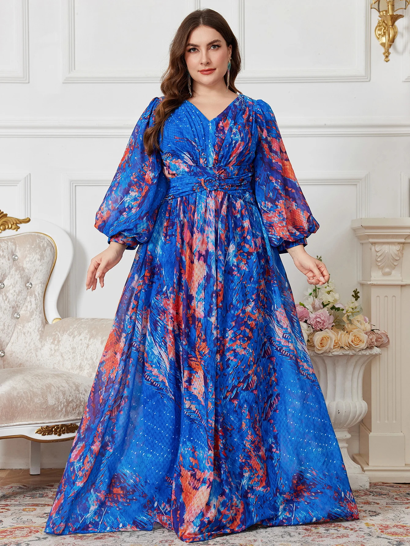 

UNITHORSE [Random Print] Women's V-Neck Lantern Sleeve Evening Dress