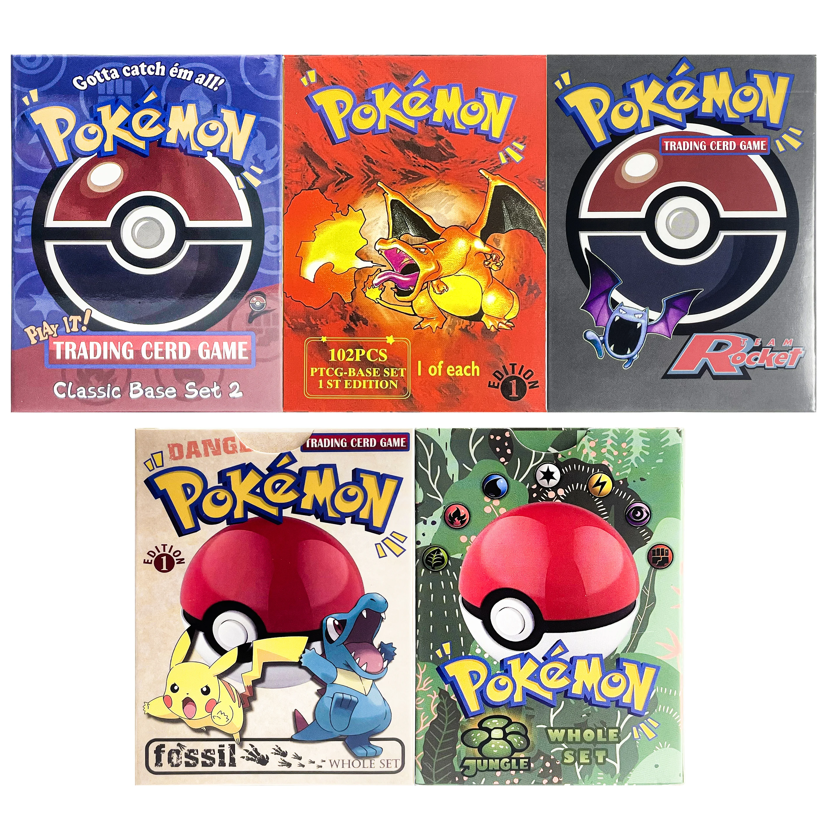 

PKM Cards Proxy Whole Set Team Rocket/Jungle/Fossil/Base-1/Base-2 Basic Set PTCG Trading Game Cards