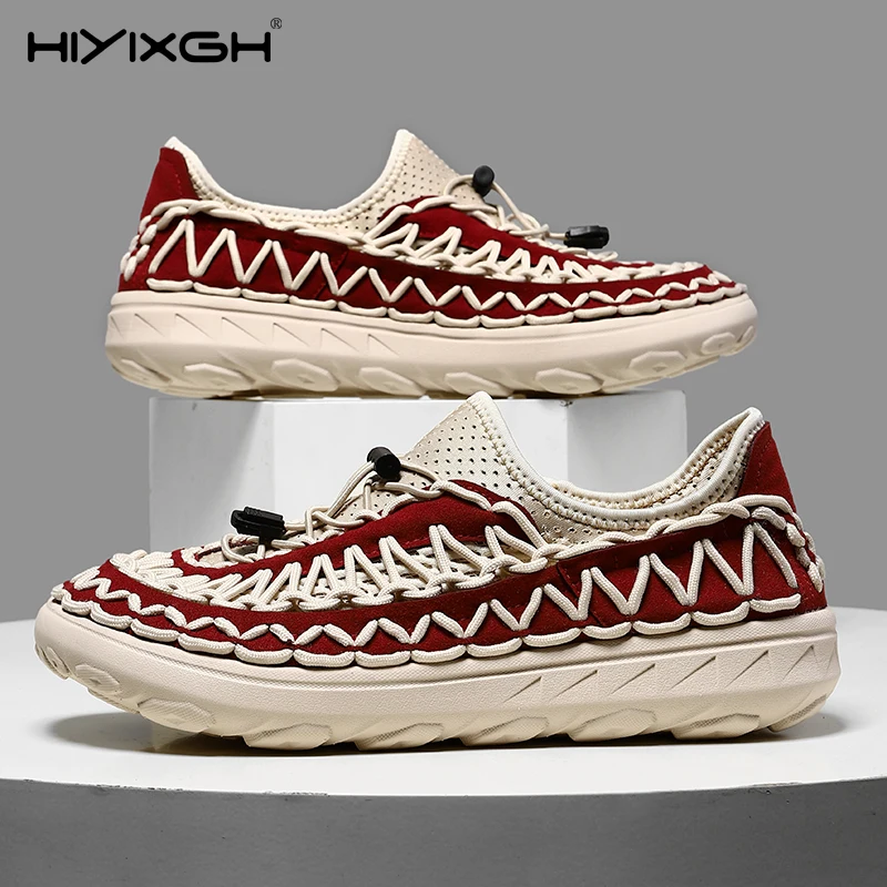 

Новые летние мужские плетеные сандалии больших размеров, дышащие повседневные пляжные туфли 2026, модные уличные сандалии с закрытым носком из плетеной сетки, без застежек