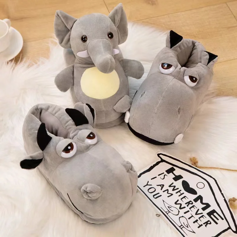 Cute Cartoon Hippo Slippers Full Covered Warm Winter Elephant Slides Indoor Bedroom Animal Pattern Shoes For Man Woman