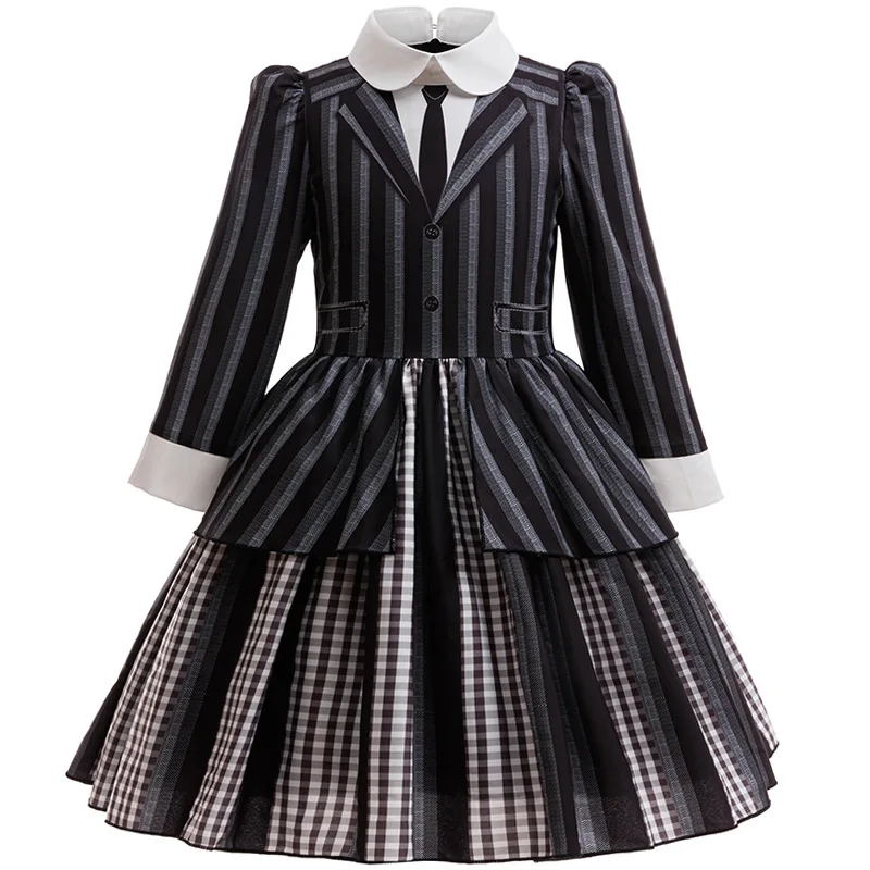 Teen Spooky Cosplay Anime Striped Costume School Uniform Wednesday Jacket Skirt Suit Wig Set Halloween Party Outfit for Girls