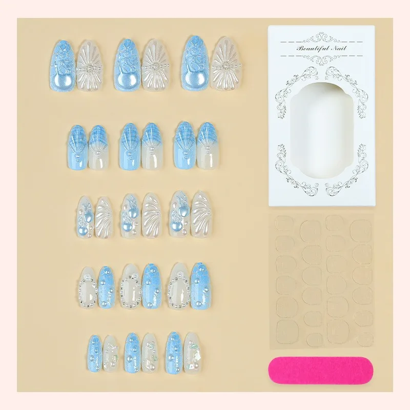 24PCS Press on Nails Art Summer Blue Ocean Jellyfish Almond False Nails 3D White Ripple Shell with Pearl Fake Nails High Quality