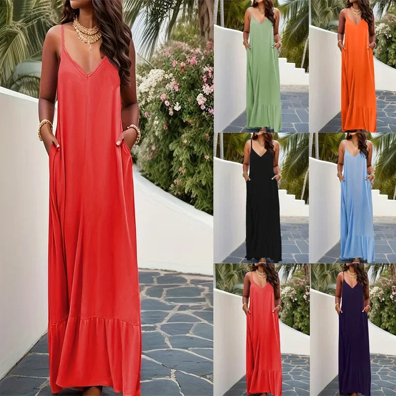 2024 Primavera Verano nueva mujer Shein Amazon Comercio exterior elegante vestido sin mangas de Color sólido estilo transfronterizo europeo y americano