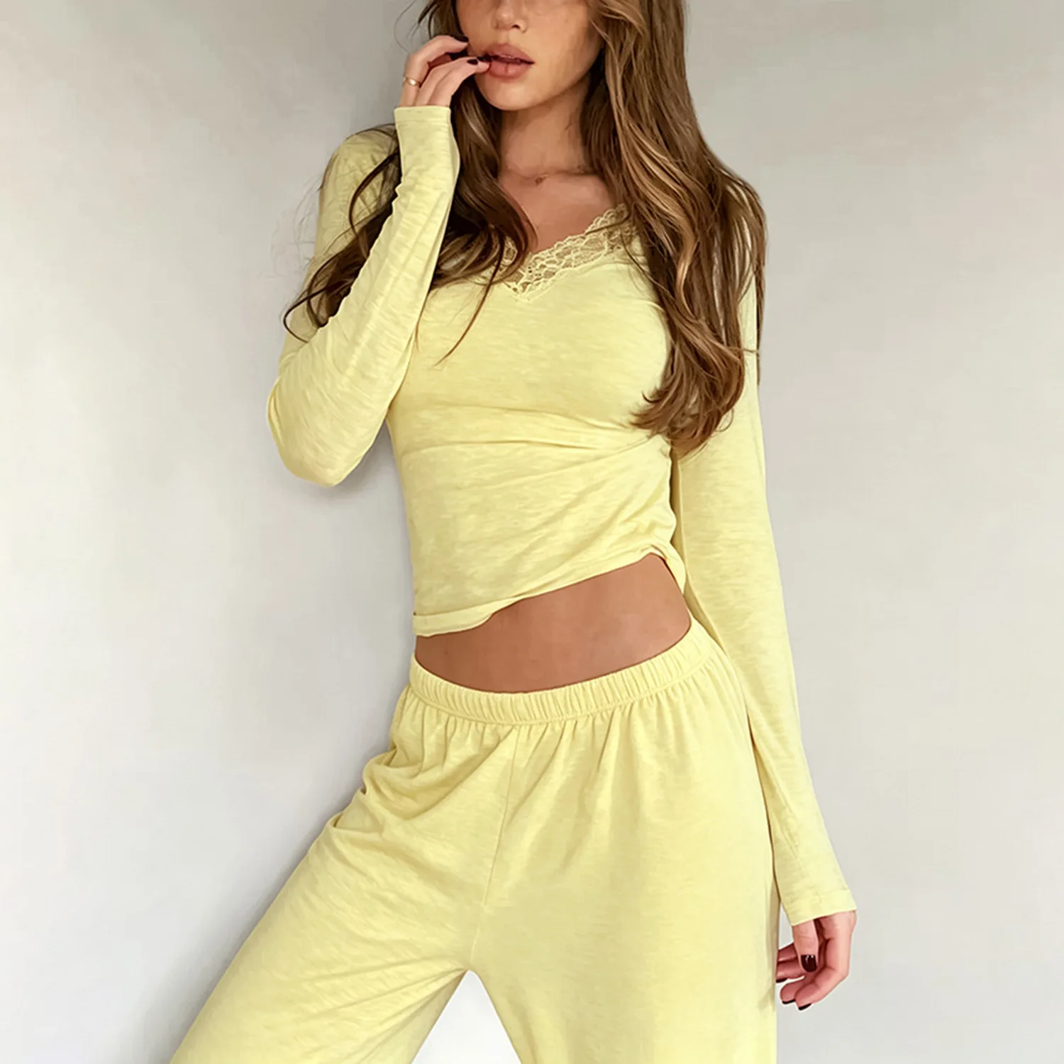 Women's 2 Piece Pajama Set Grey Lace Trim V Neck Long Sleeve Crop Top Elastic Waist Pants Casual Sleepwear Loungewear