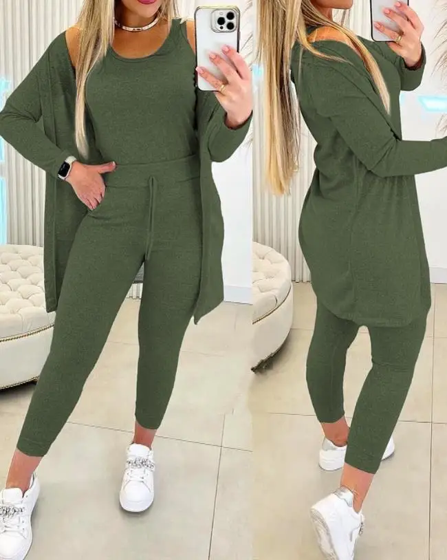 Women\'s Pans Set Fashion Casual Elegant Solid Round Neck Long Sleeved Tank Top & Drawstring Trousers Suit Autumn New 2023