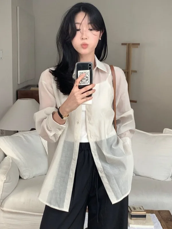 

Korean Sle Lazy Sle Open Cardigan Women's Long Sve irt with Stand Collar And Slit Design Semi-Transparent Faionable