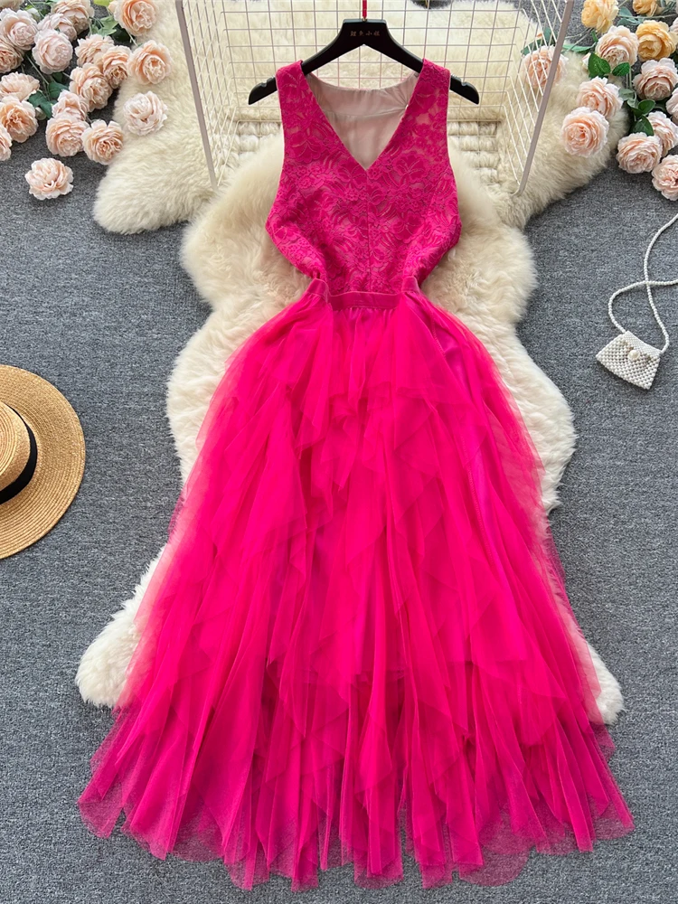 הקיץ עלה אדום/שחור/בז 'תחרה רשת טלאים סדיר ארוך שמלה סקסי צווארון V שרוולים גבוה מותן אונליין המפלגה vestidos חדש