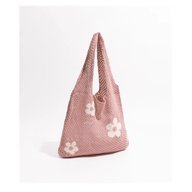 Ladies Retro Shoulder Bag Handbag for Women Ins Fashion Sweet Flower Knitted Hollow Tote Simple Bag Large Capacity Shopping Bag