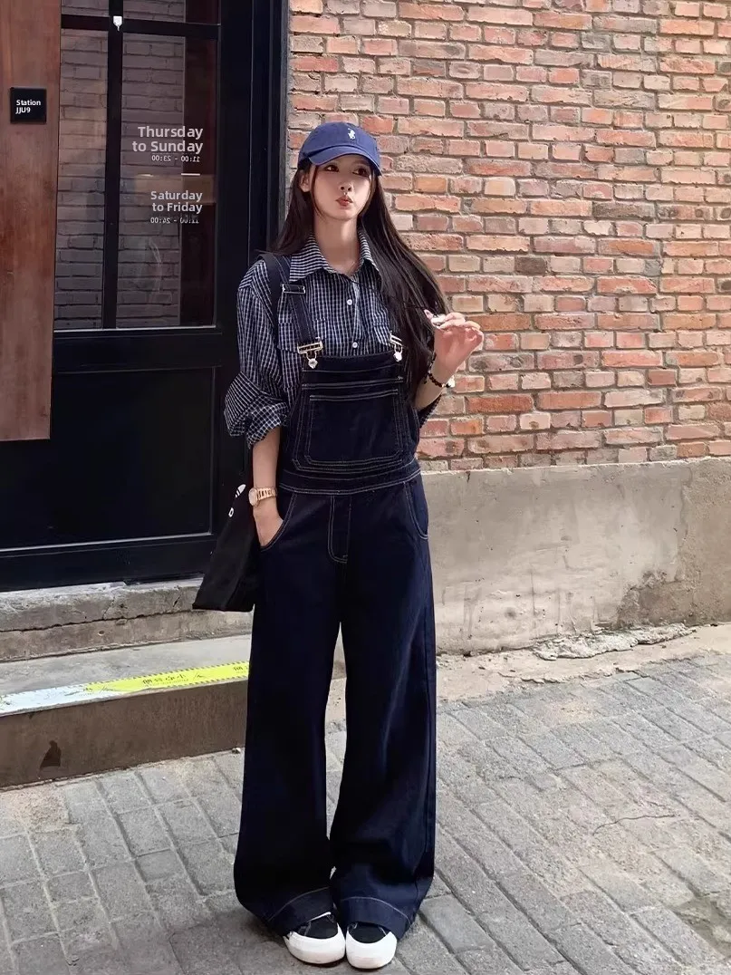 

Retro American Deep Blue Denim Overalls Women's Loose Fit High Waist Button Closure Jeans Pants Spring Summer New Arrival