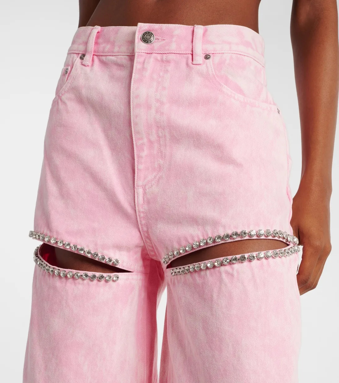 VGH High Street Spliced Diamonds Denim Trousers for Women High Waist Hollow Out Patchwork Pocket Wide Leg Pants  Female Style