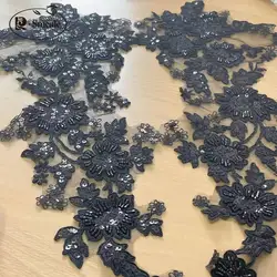 Black Rayon Beaded Sequin Flowers Embroidered Lace Mirror Applique Patch, DIY Wedding Accessories, Sewing, RS24491, 48.5*19cm