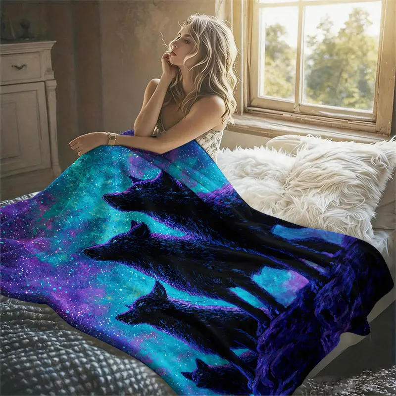 Galaxy Wolf Pack Flannel Blanket Warm Soft Halloween Christmas Decorative Couch Warm Cozy All-Season Gift