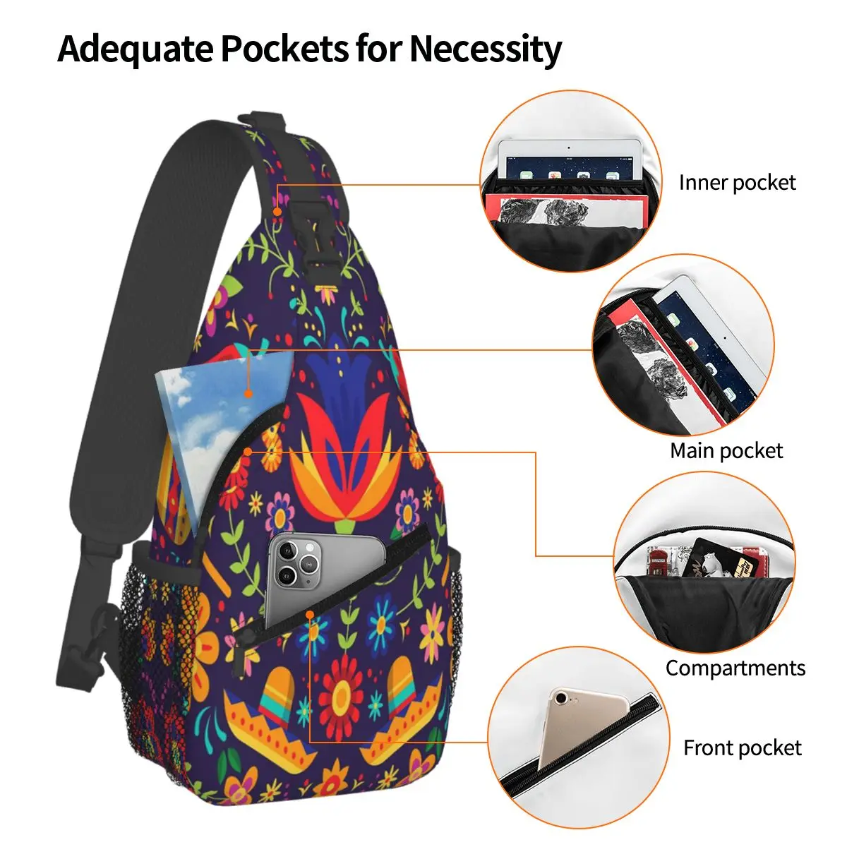 Mexican Flowers Otomi Embroidery Pattern Chest Bag Men Sling Crossbody Backpack Chest Bag Traveling Hiking Daypack Shoulder Bag