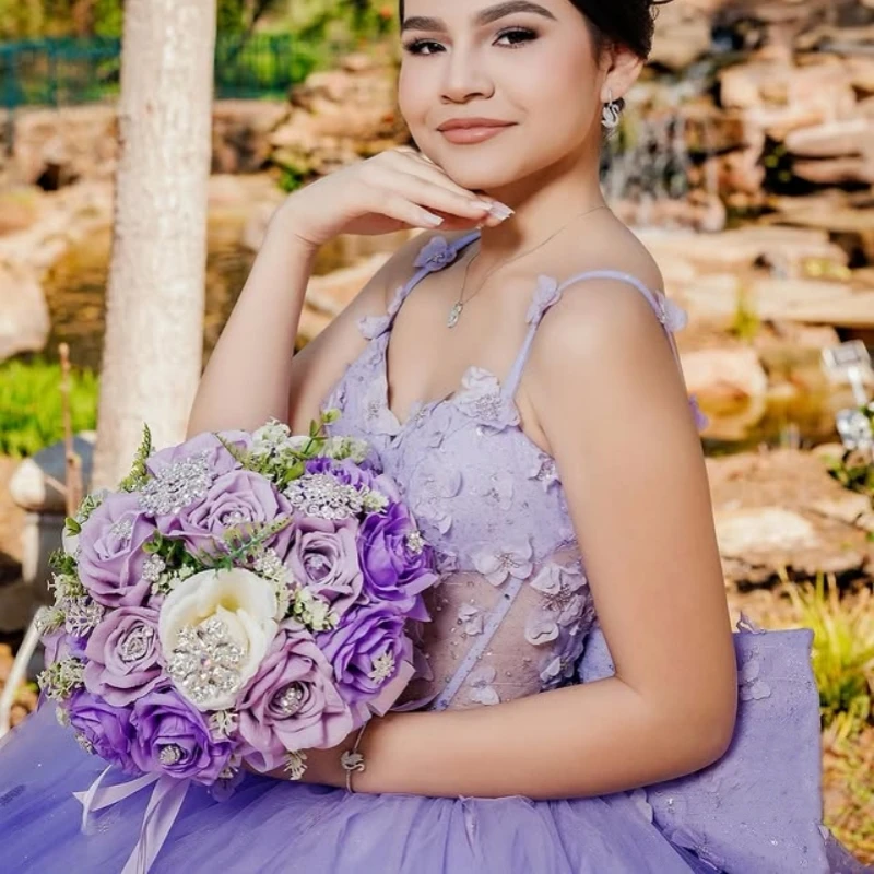 

Customized lavender purple Quinceanera Dresses Off the Shoulder butterfly applique Lace Bow Long tail Vestido 15 Quinceanera