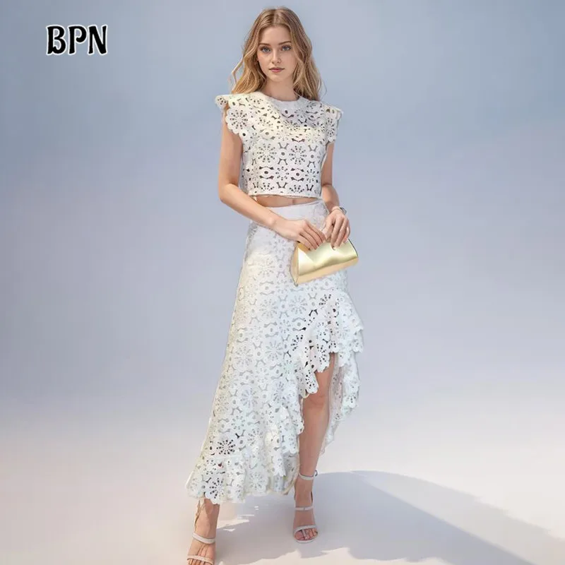 BPN Elegant Two Piece Sets For Women Round Neck Flying Sleeves Tops High Waist Solid Split Skirts Temperament Set Female Fashion