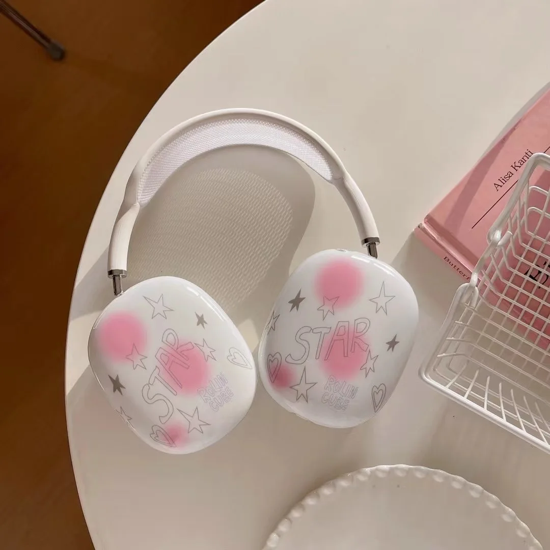 Cute Y2K Blush Star Pattern Hard Case For AirPods Max Headphone Pink Gradient Star Heart Cover Headset Shell Accessories