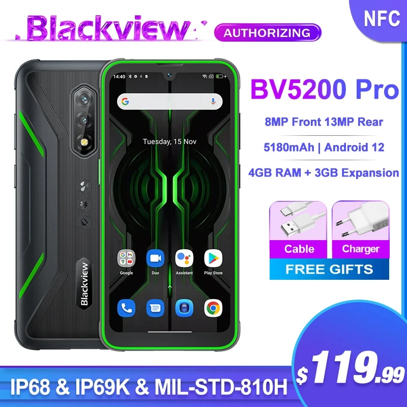 Blackview BV5200 Pro Rugged Phone 5180mAh 6.1 Inch Android 12 4GB 64GB Octa Core Mobile Phone 13MP Camare ArcSoft NFC Cellphone