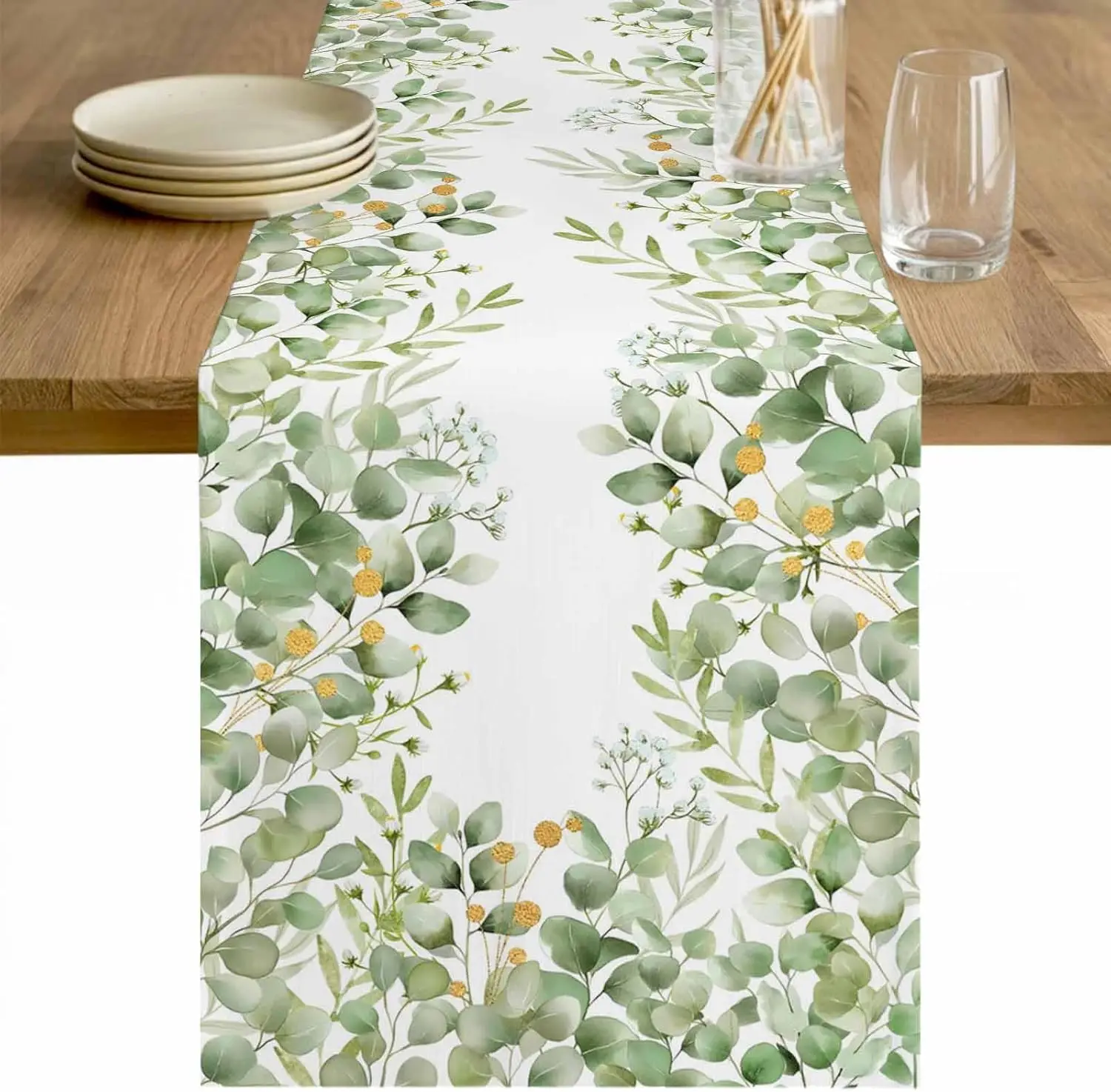 

Скатерть-дорожка из льняной ткани с принтом весенних листьев эвкалипта, моющаяся, для кухонного или обеденного стола, декор для свадеб и вечеринок в стиле фермерского дома