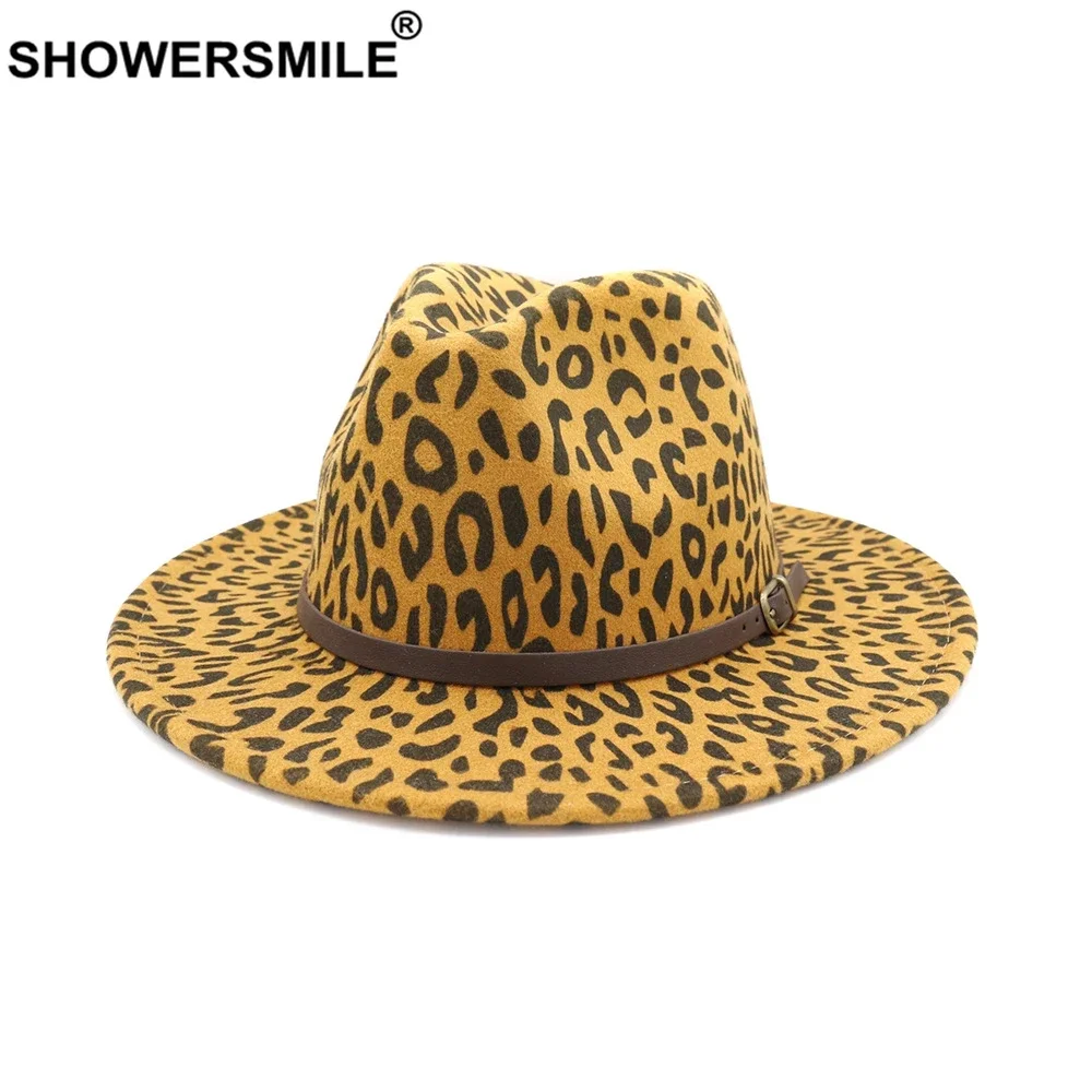 

SHOWERSMILE Fashion Design Leopard Felt Fedora Trilby Hat Women Camel Jazz Hat with Belt Vintage Autumn Winter Female Fedora