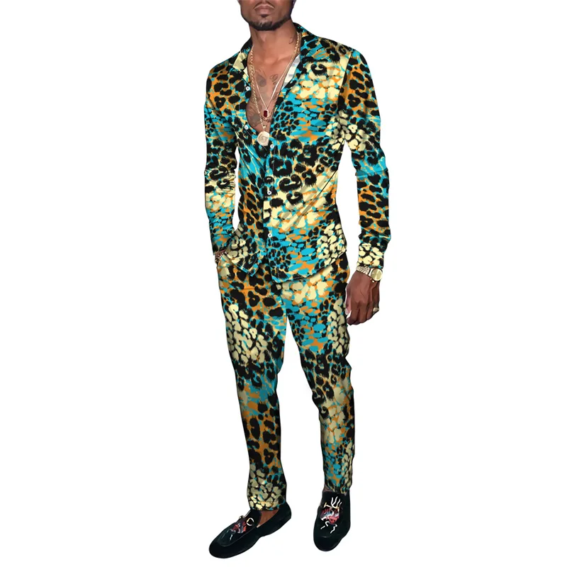 Moda estate uomo abbigliamento sportivo Casual Leopard floral 3D Print camicia a maniche lunghe con risvolto da uomo pantaloni lunghi due pezzi set