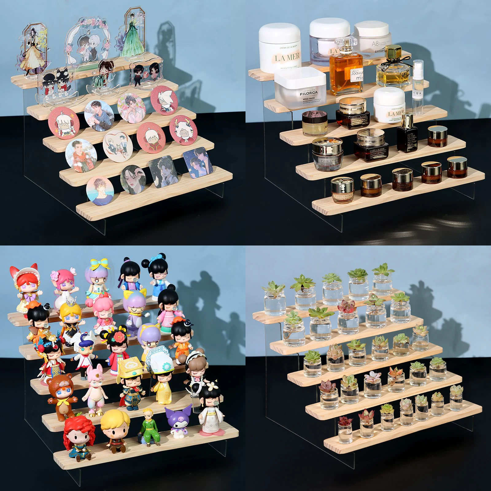 Wood Acrylic Display Stand Tiered Display Riser Shelf Organizer Rack for Crafts Perfumes Figures Collectibles Cupcakes Dessert