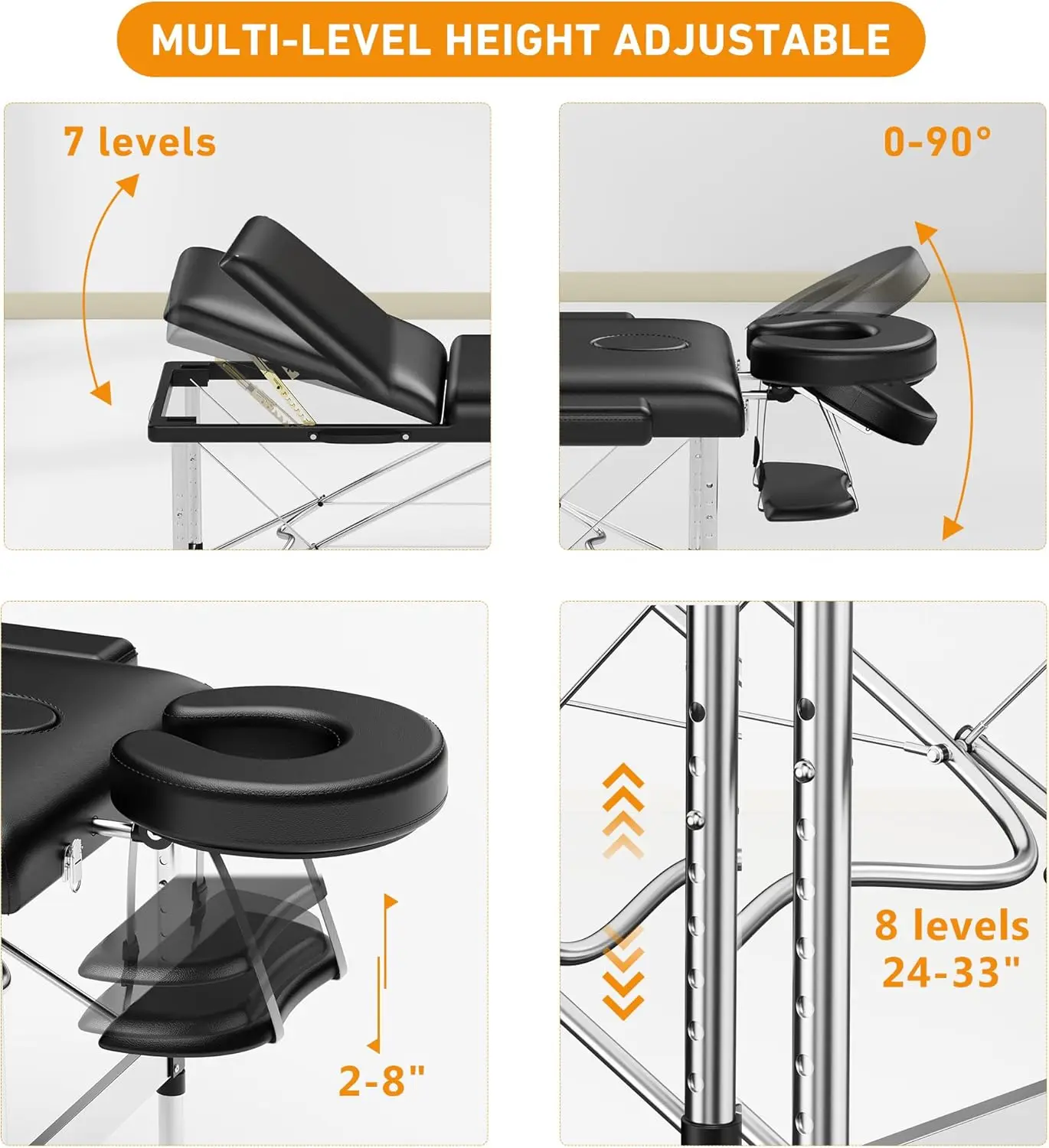 Massagetafel Draagbaar 84 "Lang 24" Breed Professioneel 3 Secties Liggend Massagebed Wimperbed (Zwart)