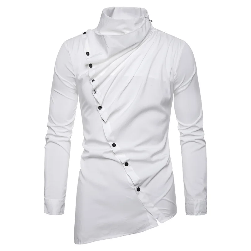 

European and American Men's Shirt Fashion Asymmetric Slanted Front Collar Pile Up Collar Casual Men's Long Sleeved Shirt