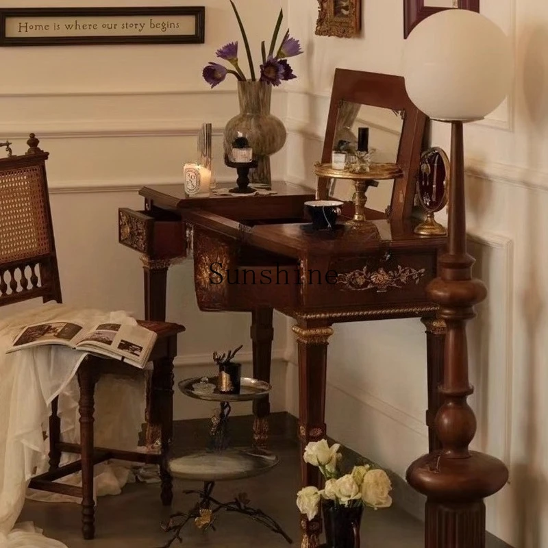 

Carved solid wood dresser French retro old makeup table bedroom